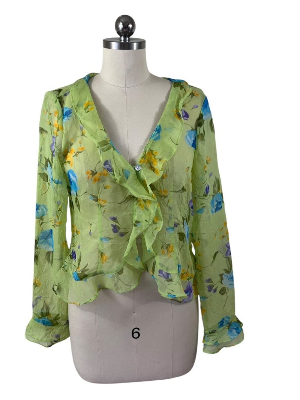 Boston Proper Y2K Fairy Romantic Floral Blouse Top Womens 4 Green Ruffle Chiffon